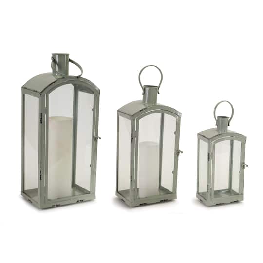 Aqua Metal &#x26; Glass Lantern Set, 12.5&#x27;&#x27;, 16.5&#x27;&#x27;, 21&#x27;&#x27;